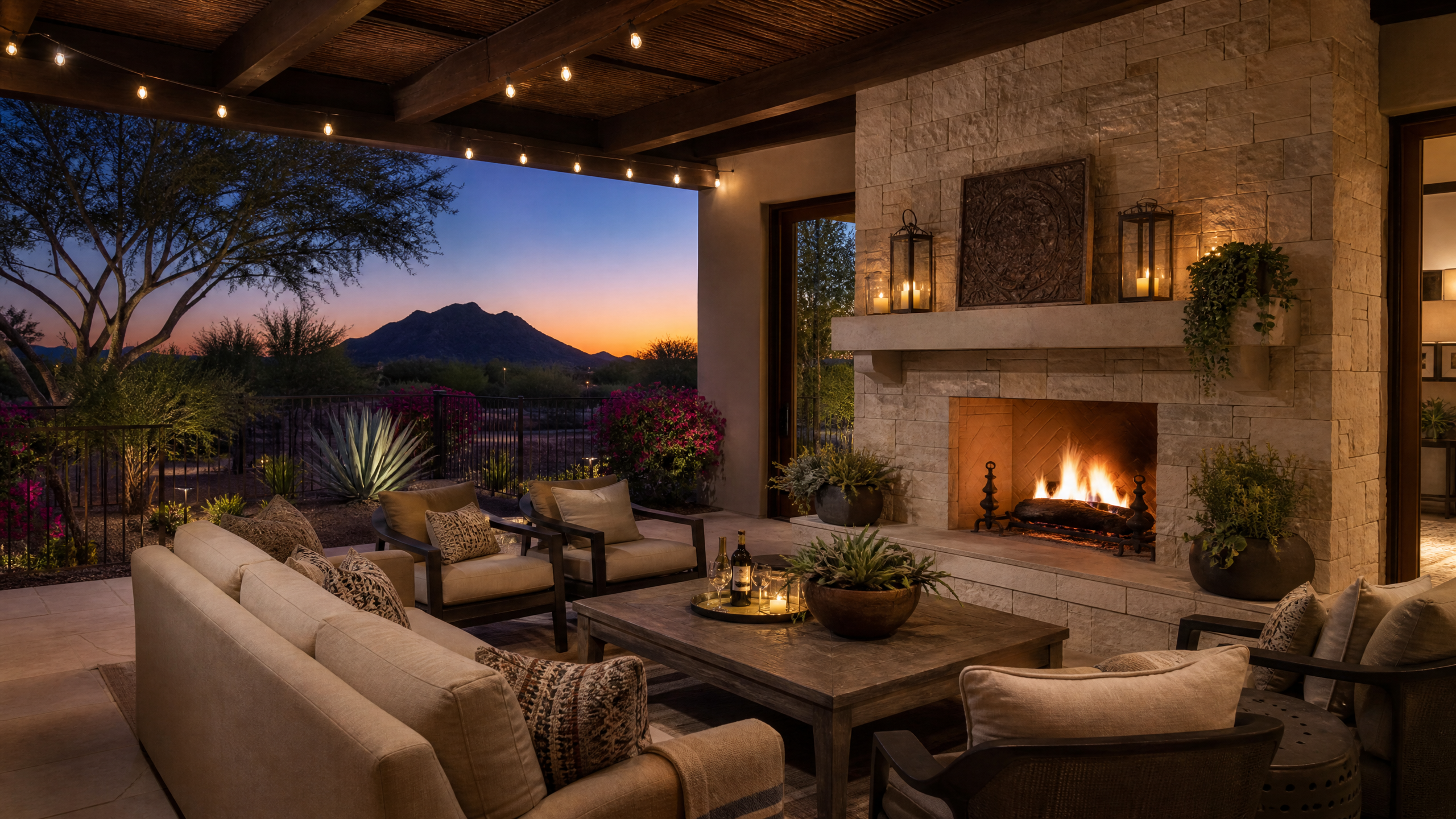 Scottsdale luxury home outdoor living patio evening desert landscape